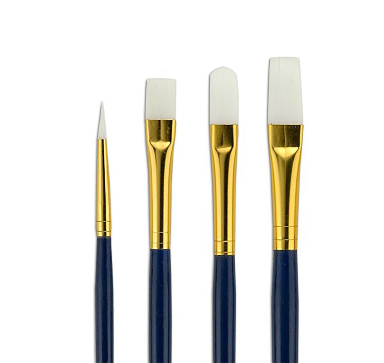 Fundamentals Long Handled Brush Set - Economical Paint Brush Set No. 6 for Beginning Artists - White Taklon Brushes in #1 Round, #4 Bright, #4 FIlbert, & #6 Flat - Set of 4 Paint Brushes